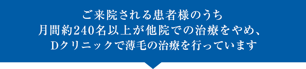 ご来院される患者様のうち月間約240名以上が他院での治療をやめ、Dクリニックで薄毛の治療を行っています