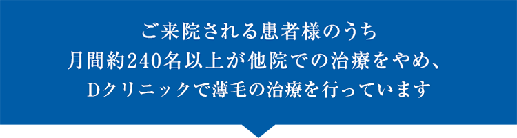 ご来院される患者様のうち月間約240名以上が他院での治療をやめ、Dクリニックで薄毛の治療を行っています