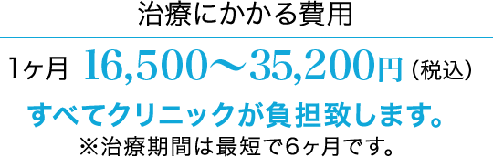 治療にかかる費用 1ヶ月16,500～35,200円（税込） すべてクリニックが負担致します。※治療期間は最短で6ヶ月です。